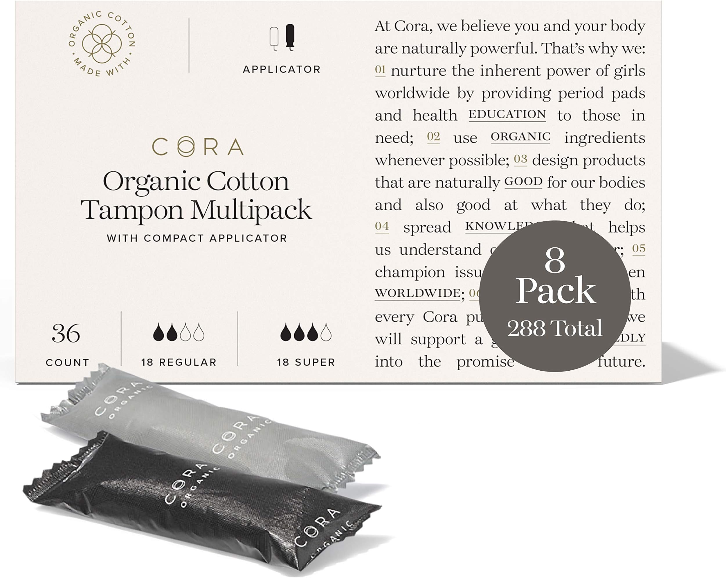 Cora Organic Cotton Tampons with BPA-Free Plastic Compact Applicator; Chlorine & Toxin Free - Variety Pack - Regular/Super (288)