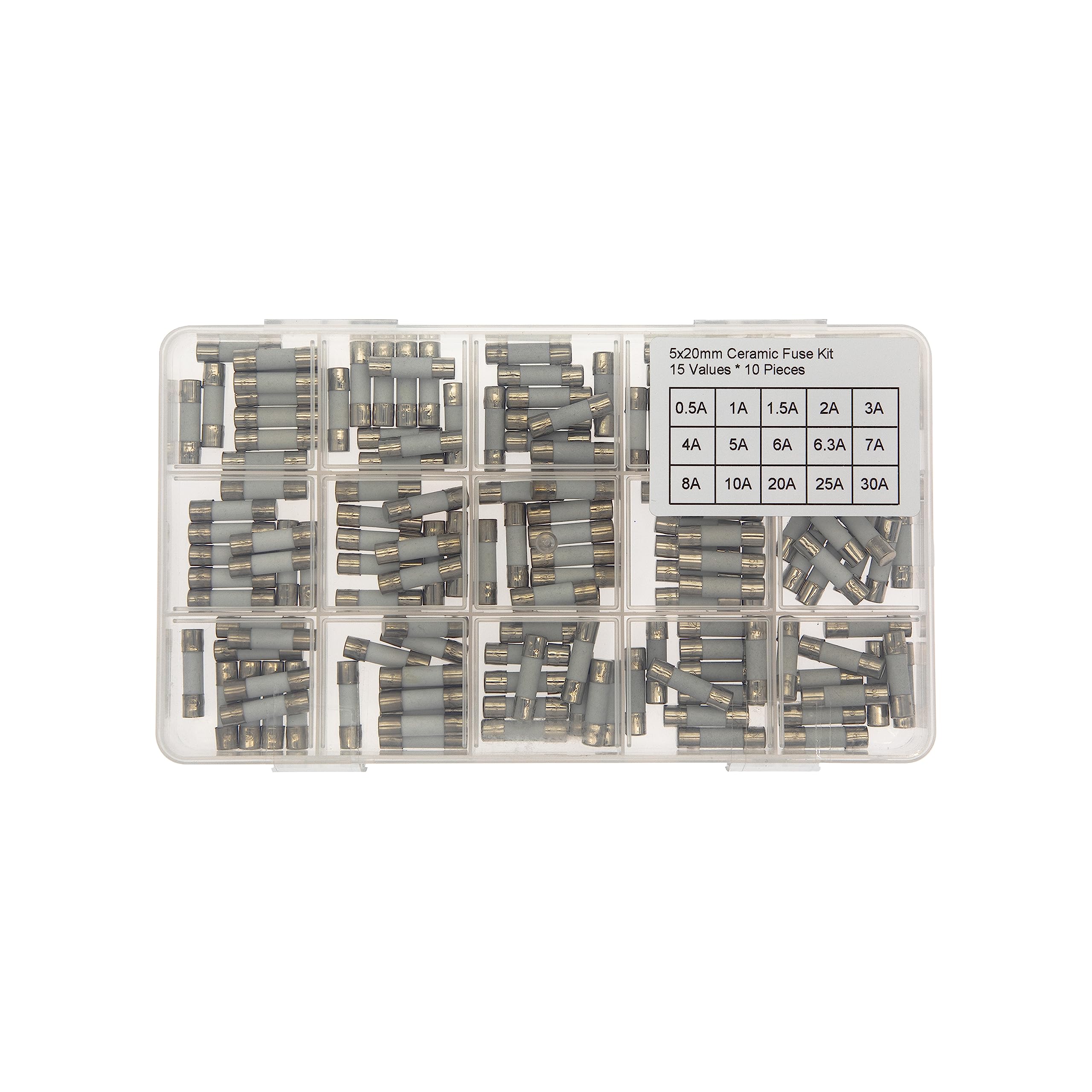 15 Values * 10 Pieces 5x20mm 250V Ceramic Fuse Kit 0.5A 1A 1.5A 2A 3A 4A 5A 6A 6.3A 7A 8A 10A 20A 25A 30A