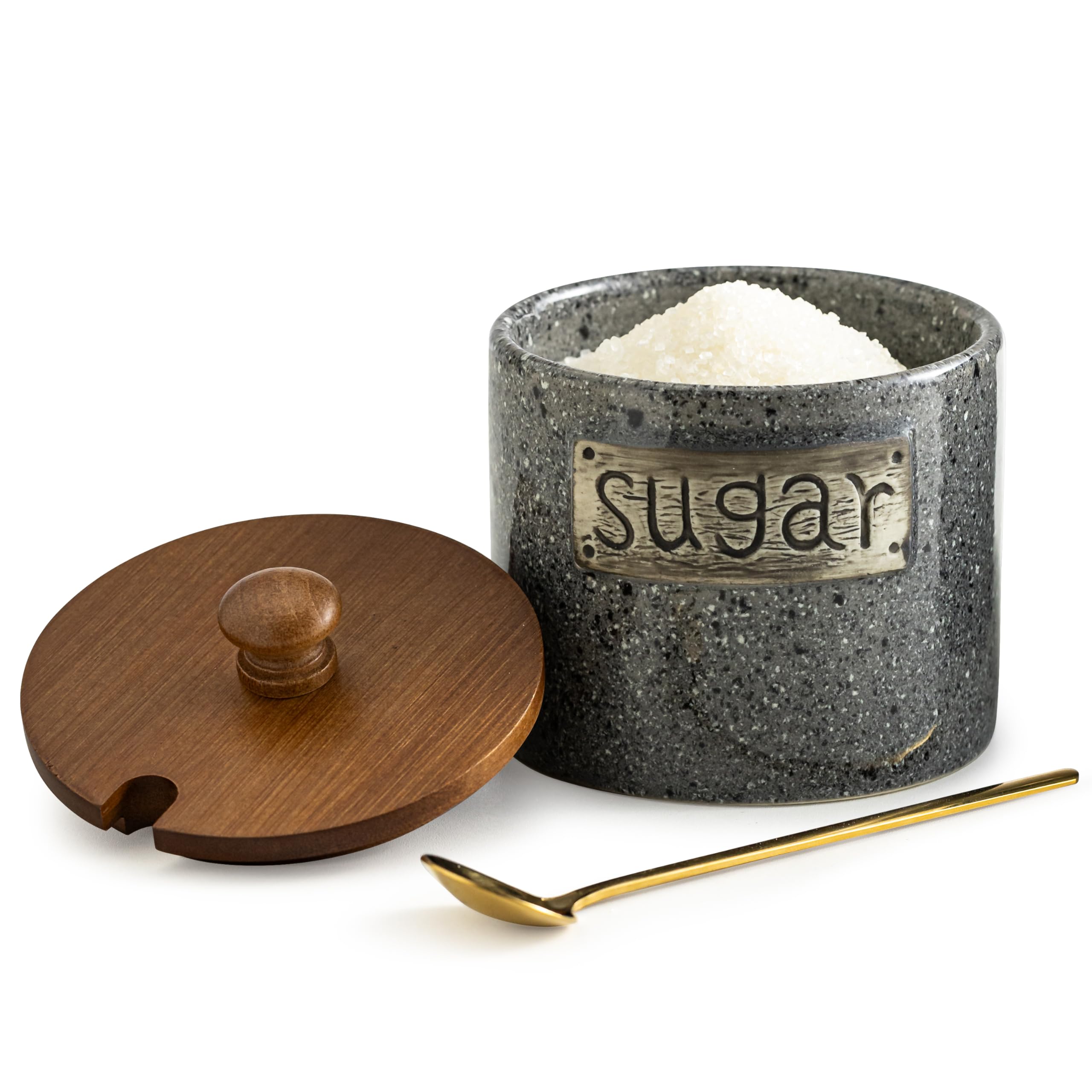 Photo 1 of LYEOBOH Sugar Bowl with Lid and Spoon, Sugar Jar Porcelain Salt Bowl with Wood Lid and Stainless Steel Spoon,Ceramic Sugar Bowl 15oz Coffee Canister Kitchen Decor, Grey