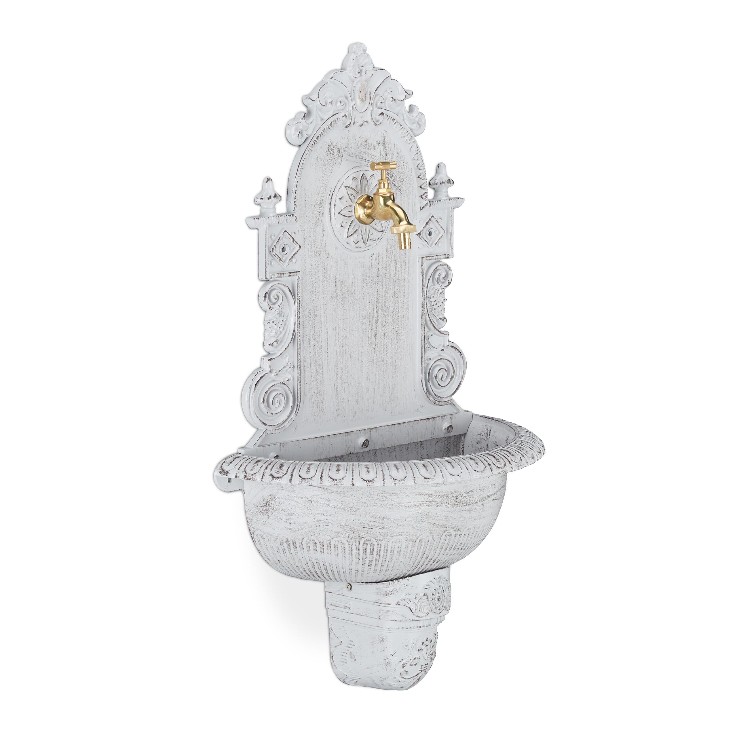 Relaxdays XL Antique Wall Water Fountain, Faucet, Nostalgic, Garden Basin, Cast Aluminium, HWD 75x44x22 cm, White