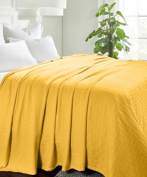 SUPERIOR BASKETWEAVE COTTON BLANKET, BASKET WEAVE DESIGN, SOFT, COMFY COVER FOR BED, BEDDING, BEDROOM, COUCH THROW, LOUNGING, MODERN BOHO MEDIUM WEIGHTED BLANKETS, FULL/QUEEN, GOLD