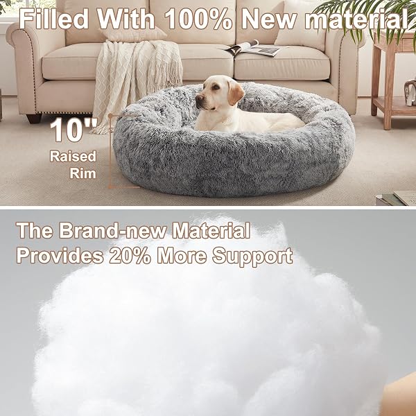 BEDSTILL 45 INCHES DONUT DOG BED FOR EXTRA LARGE DOGS,CALMING FLUFFY ROUND JUMBO PET BED WITH REMOVABLE & WASHABLE COVER, FITS UP TO 120 LBS PETS (DARK GREY,XL)