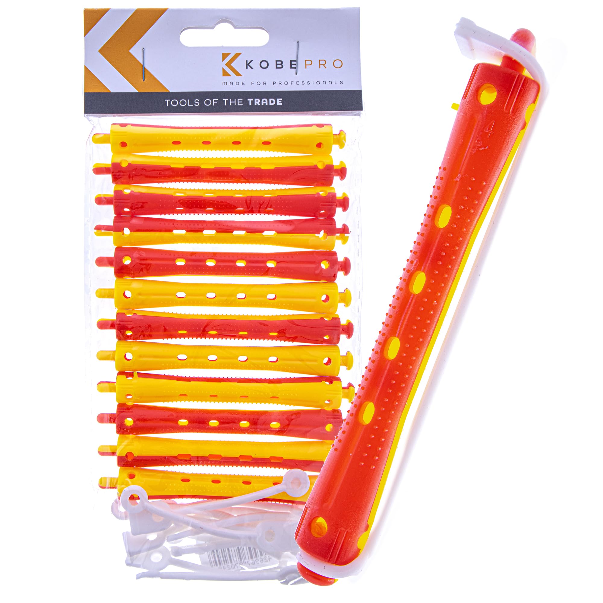 Kobe Professional Hairdressing Perm Rods with Rubbers - Non-Slip, Curling Tools for Wet/Dry Hair, Durable & Reusable - Ideal for Salons & Home Use - Red/Yellow 9 mm