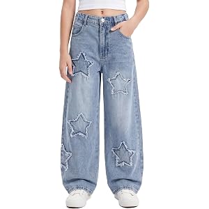 PATPAT Girls Jeans Baggy Wide Leg Cute Star/Heart Denim Pants 5-14 Years | y2k Jeans, Soft & Breathable Denim, Cute Embroider