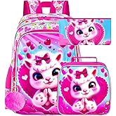 3PCS Girls Backpack, Kids Water Resistant Heart Bookbag Set with Lunch Box, Cute Kids School Bag for Preschool Toddler