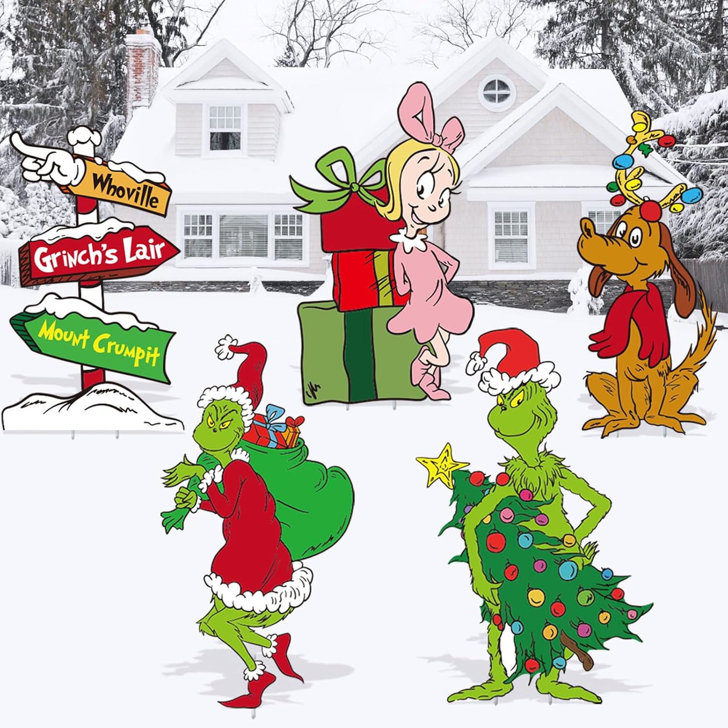 Yard Signs - 5PCS Grinchs Christmas Decorations, Grinchs Yard Signs with Stakes,Outdoor Whoville Decor for Christmas Tree Garden Lawn