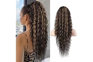 SEIKEA Ponytail Extension, PT005 Isabella 26" Long Bohemian Curly Highlight Drawstring Ponytail Multi Layered Light Fluffy Clip in Hair Extensions Ponytail Chocolate Brown Caramel Blonde Highlights