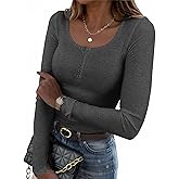 Zeagoo Women's Long Sleeve Shirts Casual Square Neck Tops Slim Fit Rib Knit Basic Tee 2025 Fall Summer Clothes