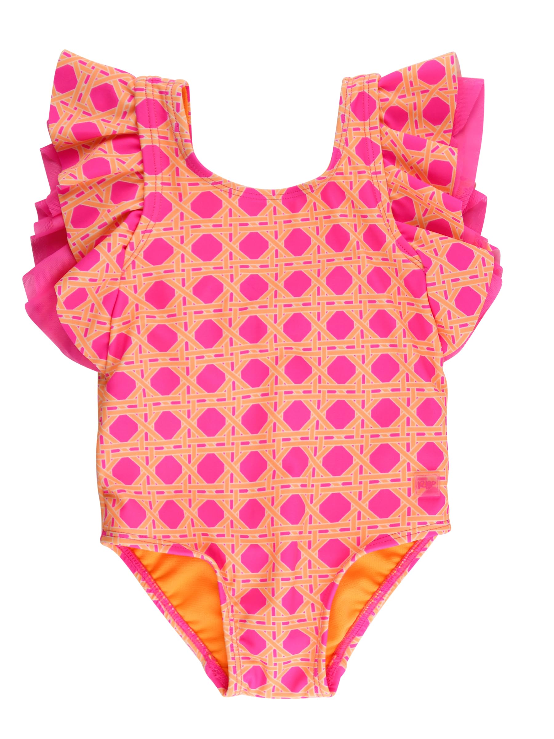 RuffleButts Girls UPF50+ Sun Protection Sleeveless Butterfly Sleeve/Waterfall One Piece Swimsuit - Neon Sherbet Cane, 18-24m Image