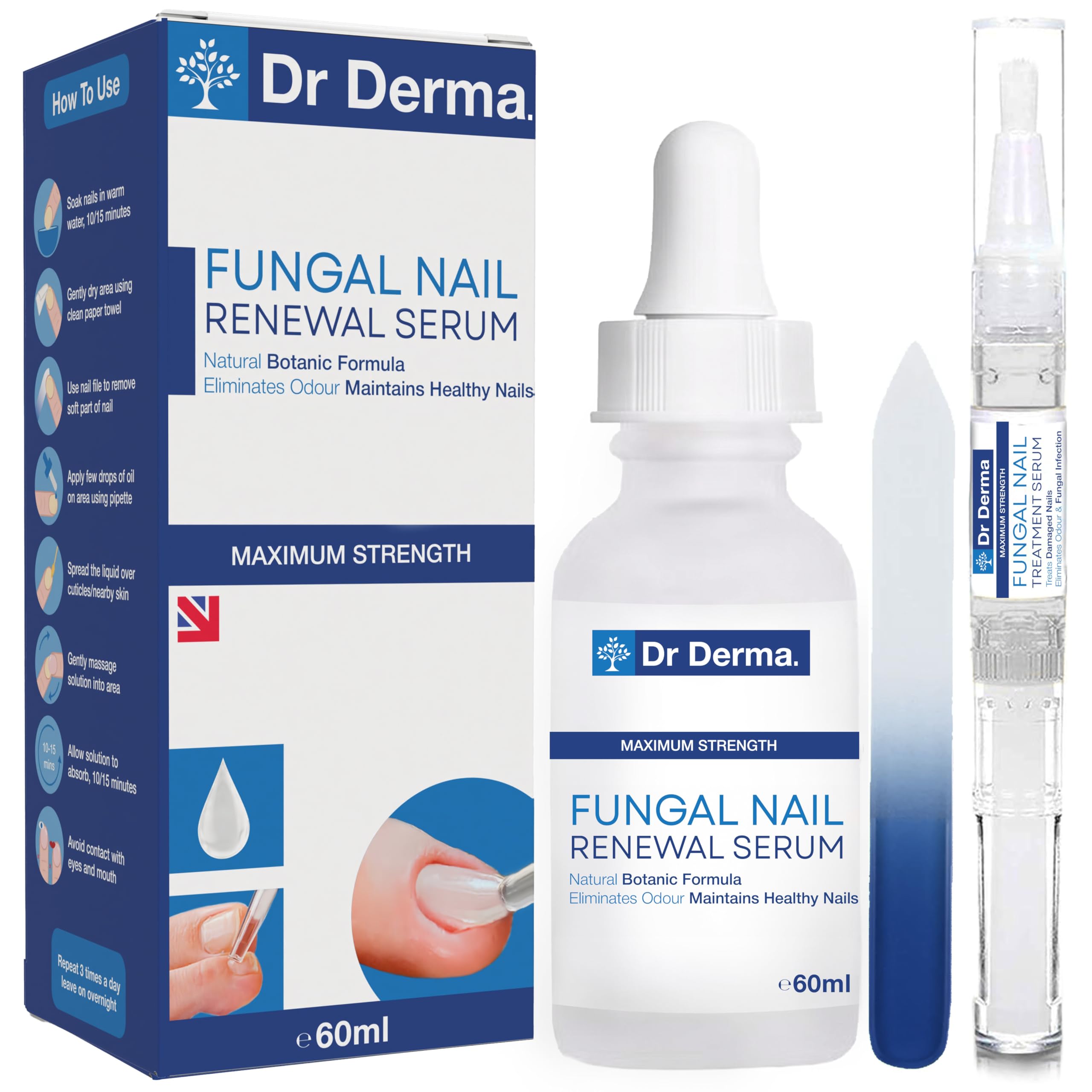 Dr Derma Fungal Nail Treatment For Toenails Extra Strong | 60ml | Athletes Foot Treatment, Nail Fungus Treatment For Toenail | Contains Tea Tree Oil | Comes With Free 3ml Travel Pen + Nail File