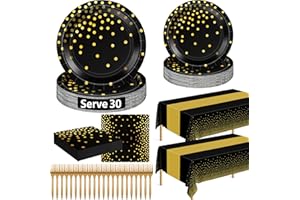 QZYL 122 Pcs Happy New Year Plates and Napkins, Disposable NYE Plates and Napkins Set 2026 NYE Tableware Serves 30, Gold Dots New Years Eve Party Supplies with Plate, Napkin, Fork and Tablecloth