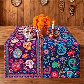 Ovveroche Dia De Los Muertos Table Runner 13''x72'' Mexican Table Cover | 2Pcs Cinco de Mayo Sugar Skull Colorful Floral Patterns, Waterproof Fabric, for Halloween Home Dining Room Kitchen Decor