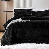 YIYEA Fluffy Queen Size Comforter Set, Luxury Faux Fur Comforter, Ultra Soft Plush Fuzzy Velvet Bedding Comforter Sets for Fall Winter, Cozy Warmth, No Shedding, 3PC, Queen, Black