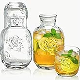 Goaste 2 Sets Bedside Water Carafe with Tumbler, 16oz Vintage Nightstand Glass Pitcher with 5oz Cups, Clear Mouthwash Decanter with Embossed Rose Design for Bathroom, Bedroom, Bar, Kitchen