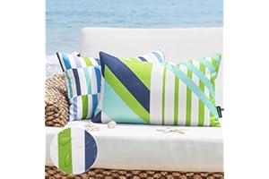 Phantoscope Pack of 2 Outdoor Pillows Waterproof Geometric Stripes Outdoor Pillow Covers, Decorative Lumbar Patio Pillows Cushion Case for Couch Tent Sunbrella, Blue and Green 12 x 20 Inches