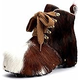 XOBZJH Women’s 100% Natural Cowhide Ankle Booties with Wool Lining, Calf Hair Winter Platform Boots, Non-Slip Outdoor Short Boots for Everyday Comfort