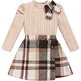 Toddler Girl Plaid Outfits Fall Winter Dress Knit Ribbed Bow Sweatshirt Tops and Button Fashion Skirts Set