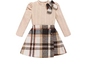 TITKKOP Toddler Girl Plaid Outfits Fall Winter Dress Knit Ribbed Bow Sweatshirt Tops and Button Fashion Skirts Set