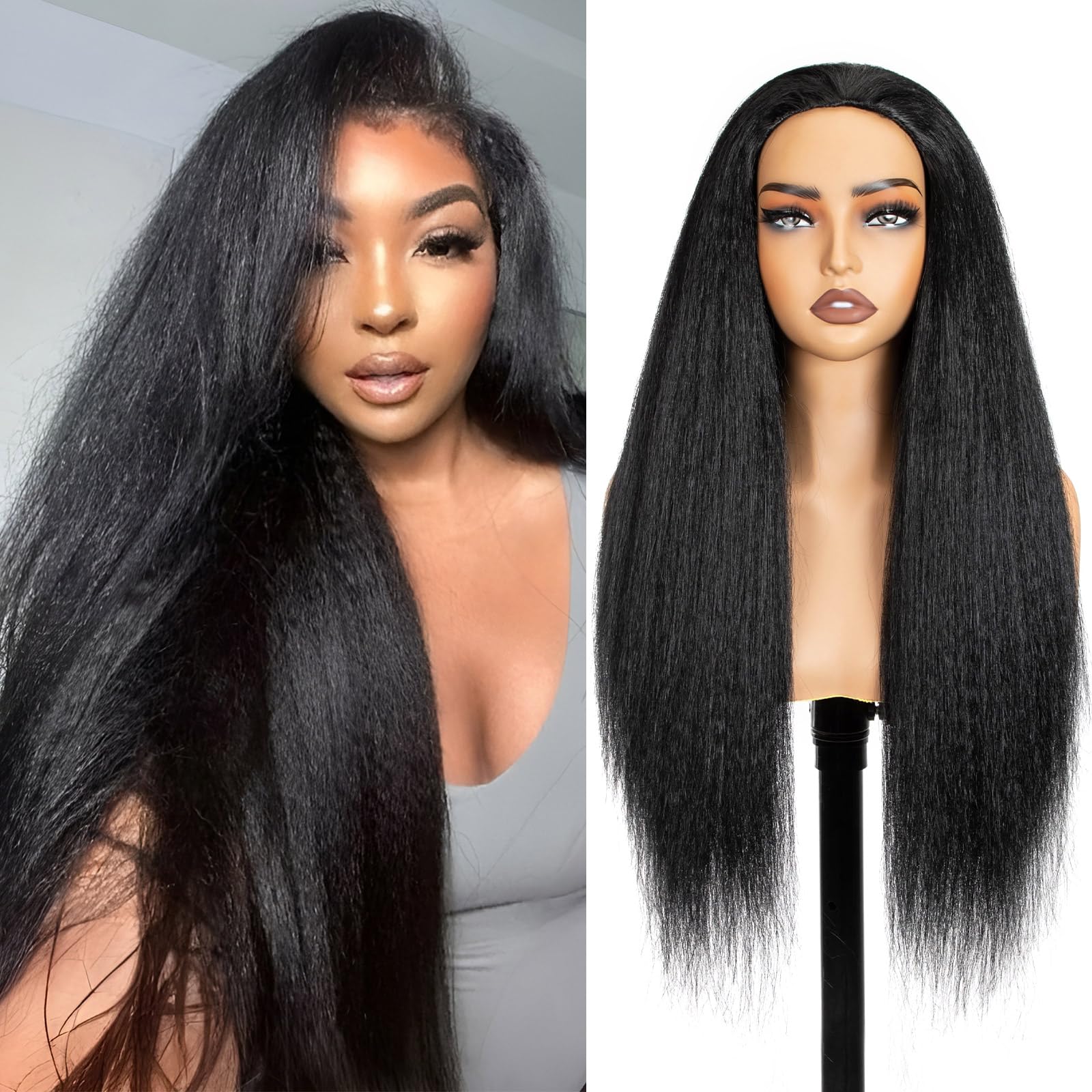 Photo 1 of COOKOO Yaki Straight Half Wig Synthetic Hair 3 In 1 Beginner Friendly No Lace Flip Over Half Wigs Drawstring Ponytail Wig Natural Black Glueless Kinky Straight Half Wigs for Women 26 Inch