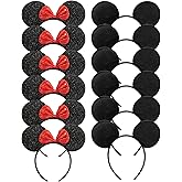 CHuangQi Mouse Ears Headband for Boys and Girls Birthday Party or Celebrations, Solid Black and Red Bow, 12pcs