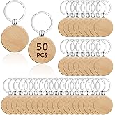 Enkrio 50Pcs Wooden Keychain Blanks Round Wood Key Chains Bulk Unfinished Wood Key Ring Key Tag for Laser Engraving DIY Crafts Pet Tags (Round)