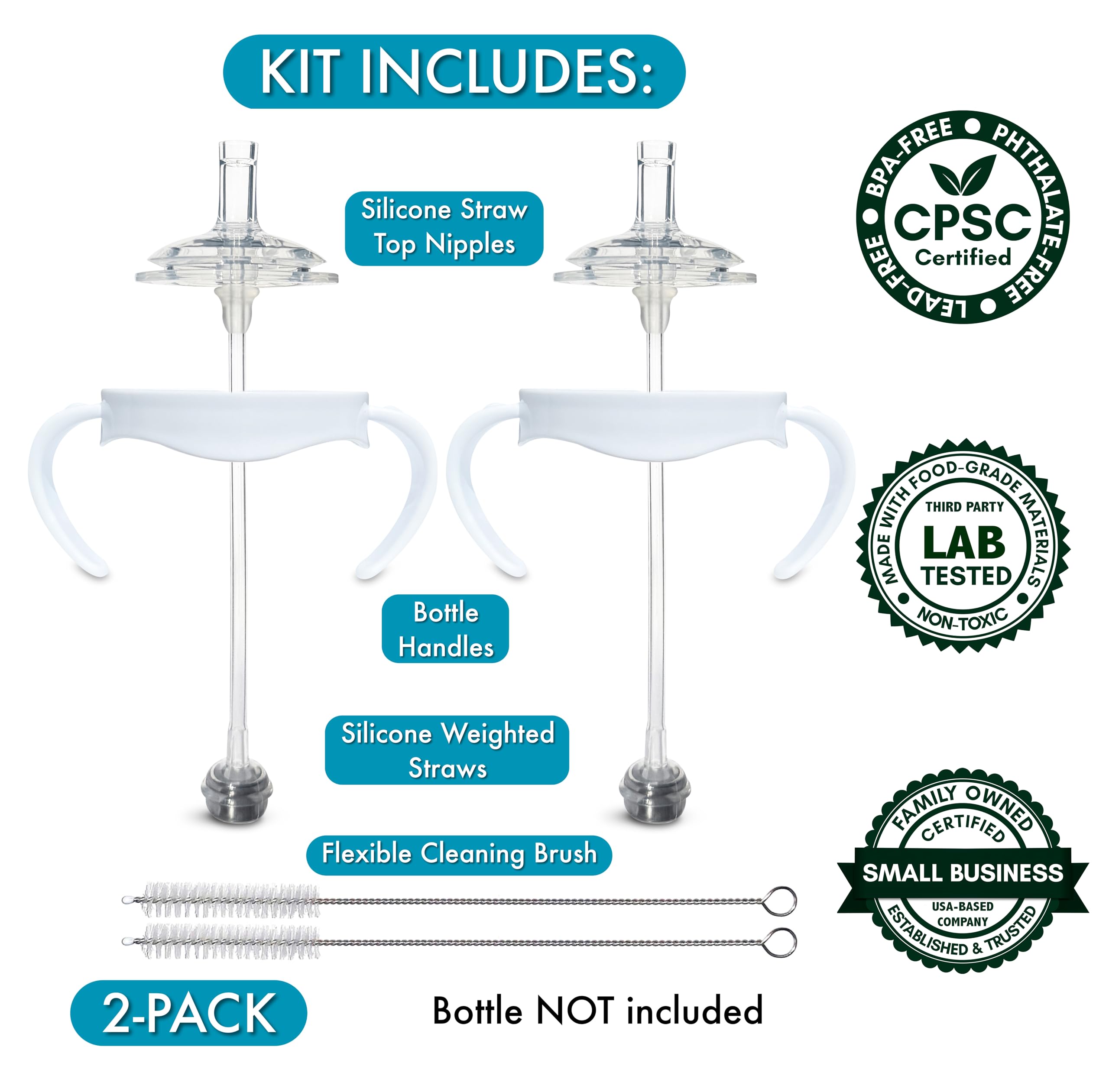 Straw Cup Conversion Kit for Philips Avent Natural Baby Bottles 2-Count, Food Grade Silicone Straw Nipples, Silicone Weighted Straw, Bottle Handles, Cleaning Brush, BPA-Free, 6+ Months (Straw Top)