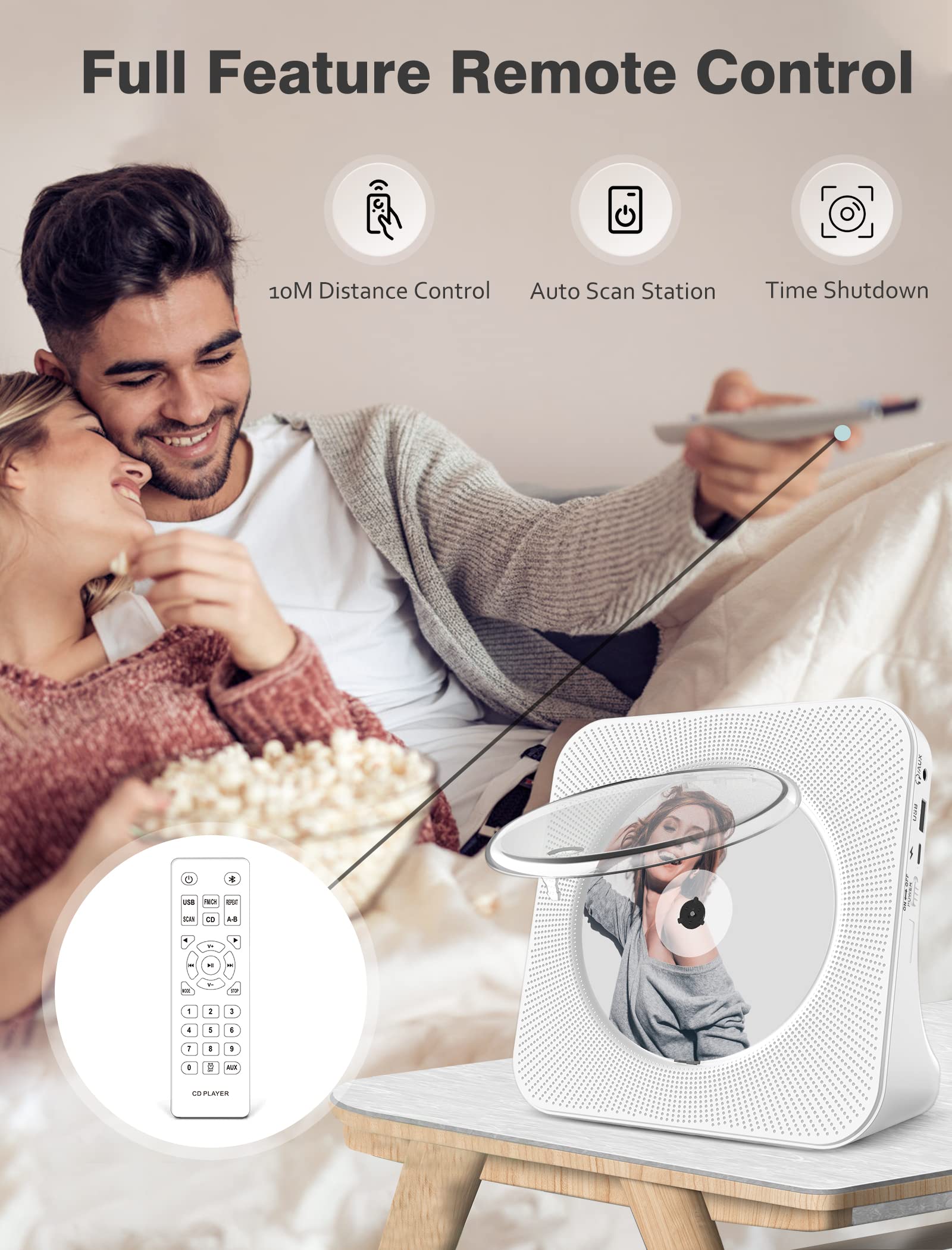 Portable CD Player with Bluetooth: 4000mAh Recheageable Kpop Music Player with HiFi Speaker,Remote Control,LCD Display,Sleep Timer,Headphone Jack, Supports CD/Bluetooth/FM Radio/U-Disk/AUX for Home