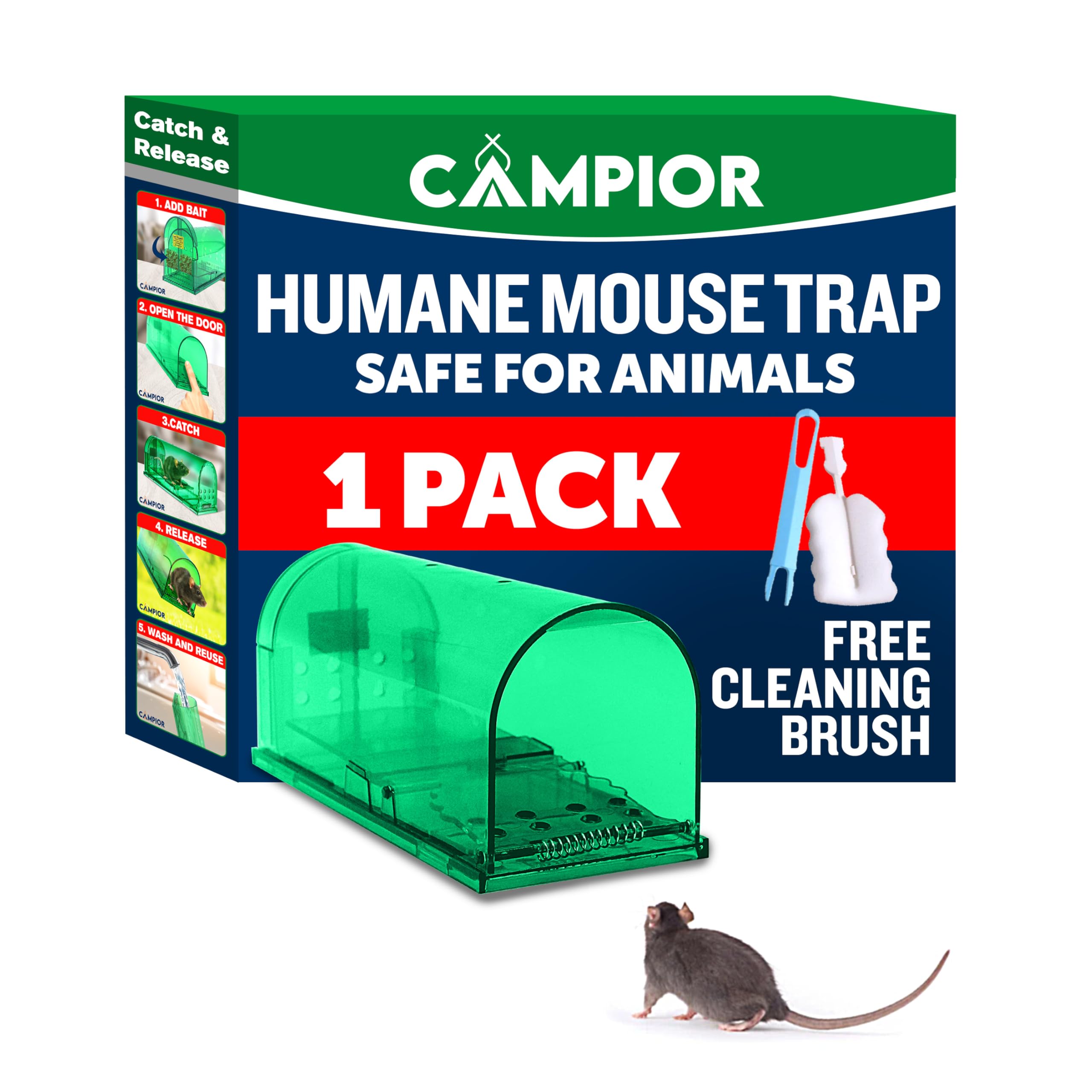 Photo 1 of Campior Humane Mouse Trap for House – Large Size, No-Kill Mouse Traps Indoor for Home, Catch-and-Release Rat and Mouse Trap, Child & Pet Safe, Easy to Clean, No-Touch Release, Pack of 1, Green