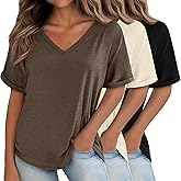 Huukeay 3 Pack Women's Oversized T Shirts, V Neck Loose Fit Rolled Sleeves Tops Shirts Summer Half Sleeves Tee