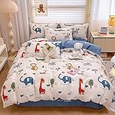 DJY Kids Duvet Cover Queen Size, 100% Cotton Zoo Animals Duvet Cover Set for Boys Girls, Cartoon Lion Giraffe Elephant Print, Soft Breathable Bedding Set(1 Duvet Cover+2 Pillowcases)