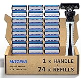 6-Blade Razor,Plastic Anti-slip Men Manual Refill Cartridges razors, Reusable Face Cleansing Care Tool, 24 pcs refill cartridges, Shave Supplies for Men and Women - Black