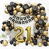 21st Birthday Decorations - Black & Gold Balloons Set with Banner for Boys & Girls