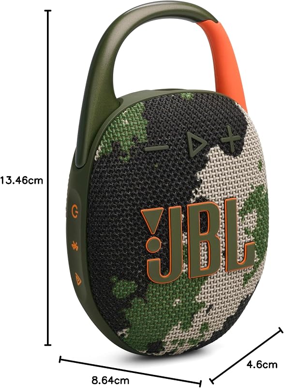 CLIP5 Altavoz Bluetooth, Carga USB C, IP67 a Prueba de Polvo, Impermeable, Compatible con Aplicaciones, Estructura de mosquetón, radiador pasivo, portátil, escuadrón