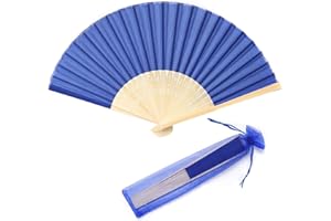 SL crafts 24pcs Imitated Silk Hand Fan Imitated Silk Fabric Bamboo Handheld Folded Fan Bridal Dancing Props Church Wedding Party Favors with Organza Bags (Royal Blue)