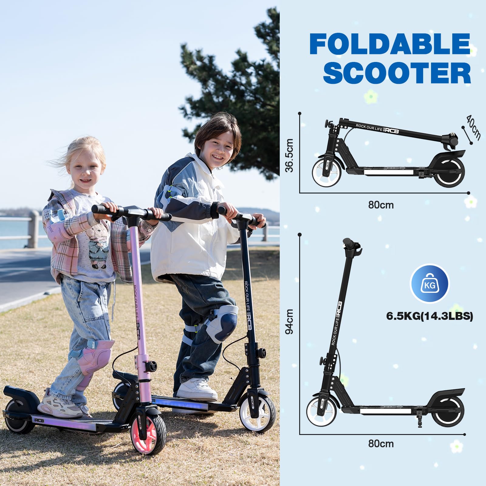 RCB R12 E-Scooter Kinder 6-12 Jahren, bis zu 15 km/h & 10 km, 6,5 Zoll Faltbar Elektroroller, Bunte Leuchten, LED Display,Doppelte Bremsen, Geschenk für Kinder 8