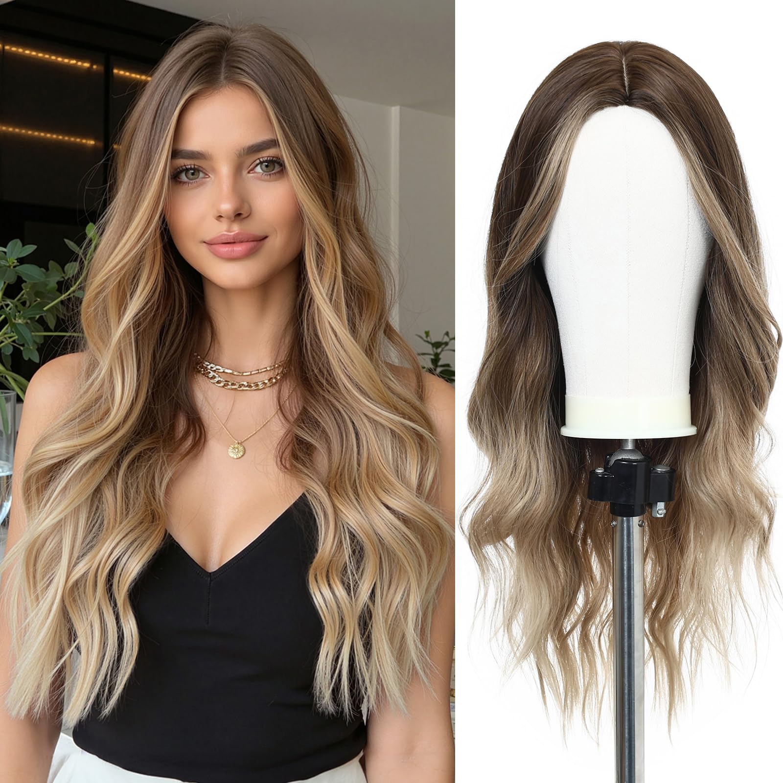 Esmee Long Wavy Ombre Brown to Light Brown Synthetic Hair Wigs for Women Medium Pitch Brown Wigs for Daily Party Cosplay Use-24 Inches — image 1