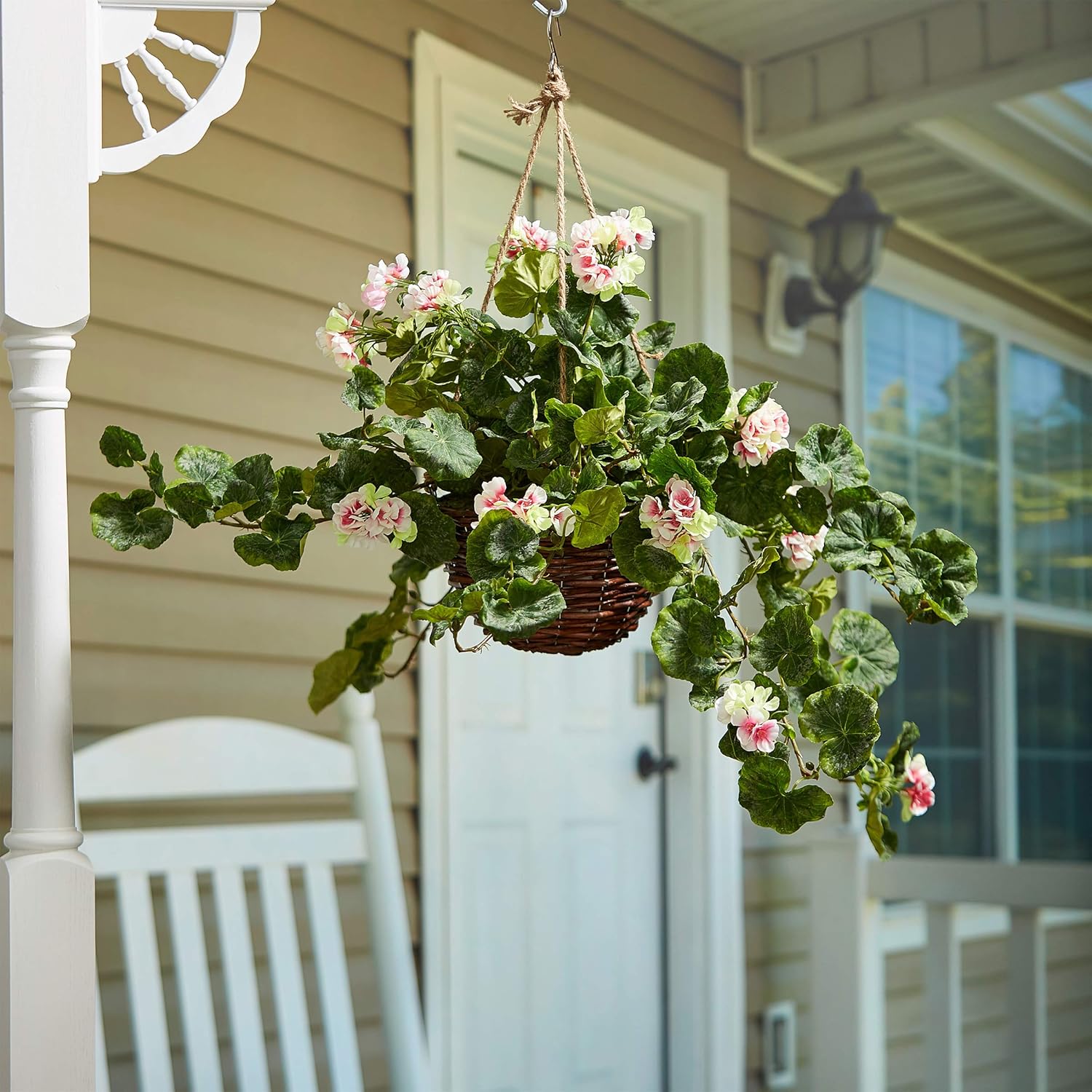Amazon Com Home Pure Garden Faux Flowers Light Pink Geranium Hanging Natural And Lifelike Floral Arrangement With Basket Office Home Kitchen