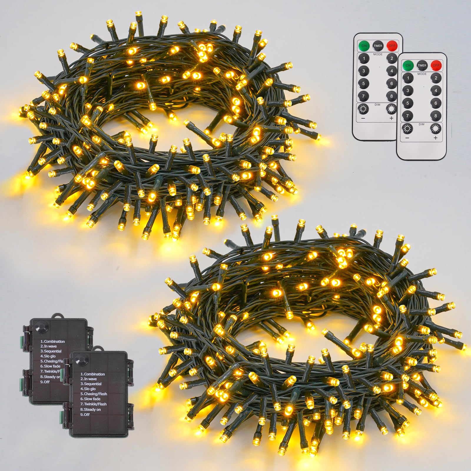 Photo 1 of YEGUO Christmas Lights Battery Operated, 2 Pack Each 33ft 100 LED Warm White String Lights Outdoor Waterproof, 8 Modes Green Wire Fairy Light Indoor with Remote