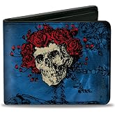 Buckle-Down Grateful Dead Wallet, Bifold, Skull Roses Grateful Dead Roses Blues Black Red, Vegan Leather