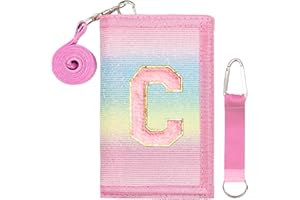 SiorVeol Girls Wallet for Kids Initial Glitter Wallets Trifold with Zipper and Card Slots Including Neck Lanyard and Hanging Strap, Rainbow with Stripes, C