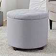 Ornavo Home Decor Round Ottoman with Storage, Round Vanity Chair Stool Ottoman Pouf with Storage for Living Room and Bedroom, Linen Gray