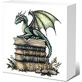 ZNGFON Green Book Dragon Desk Home Table Decor Sign,Book Lover Gifts For Women,Gifts For Books Lovers, Decor For Library Classroom Reading Nook Home Bedroom Living Room, 5x5 Inch