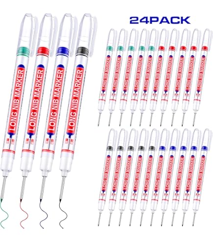 4-Pack Deep Hole Marker Pens - Long Nib Permanent Markers For Woodworking, Carpentry, Plumbing (Red, Black, Blue, Green)