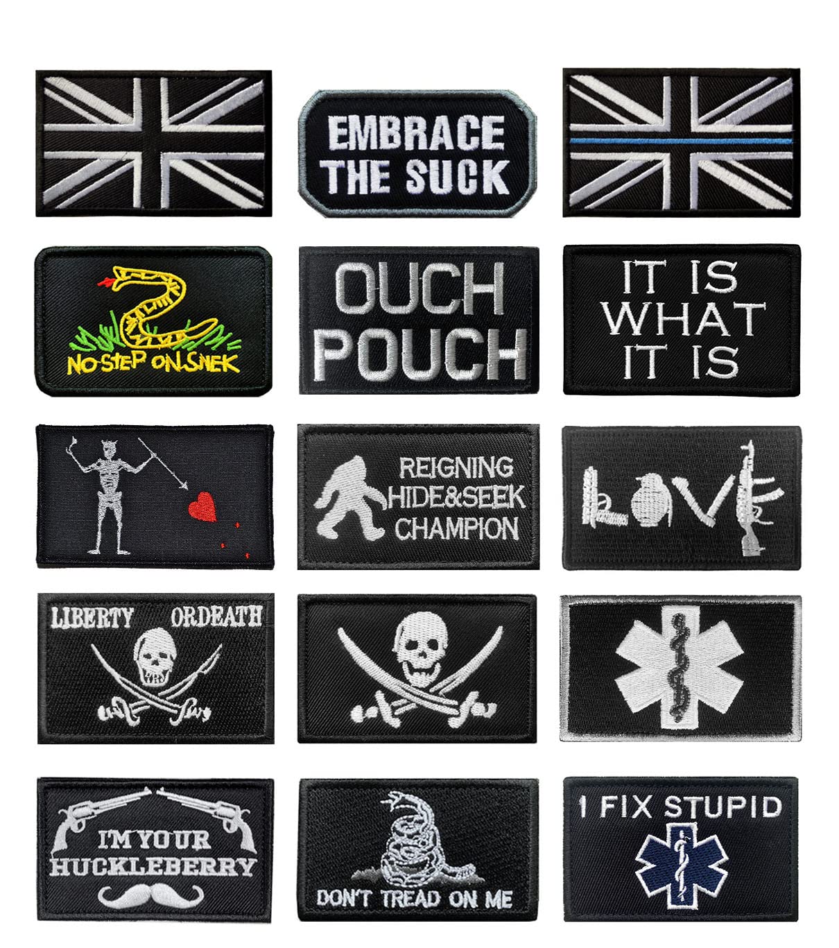 15 Pack Tactical Patches, Funny Military Emblem Patch Embroidery Fastener Army Badge Hook and Loop Applique Patches for Clothes Jackets Backpack Hat Vest Military Uniforms Dogs Harness -Black
