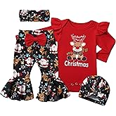 ADIFUN Baby Girl Clothes,4pcs Infant Newborn Girl Outfits Ruffle Romper Baby Bell Bottoms Headband Bandana Clothes Sets Gifts