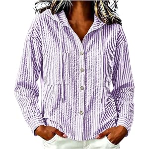 Women's Striped Button Front Hoodie Sweatshirts Long Sleeve Drawstring Pullover Tops with Pockets Going Out Clothes