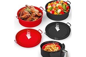 LOTTELI KITCHEN Collapsible Silicone Air Fryer Basket Liners Pot - AirFryer Liners Reusable Bowls for 5 Quart or Bigger - Air Fryer Accessories 2 Pack - Round Silicone Liners (Red & Black)