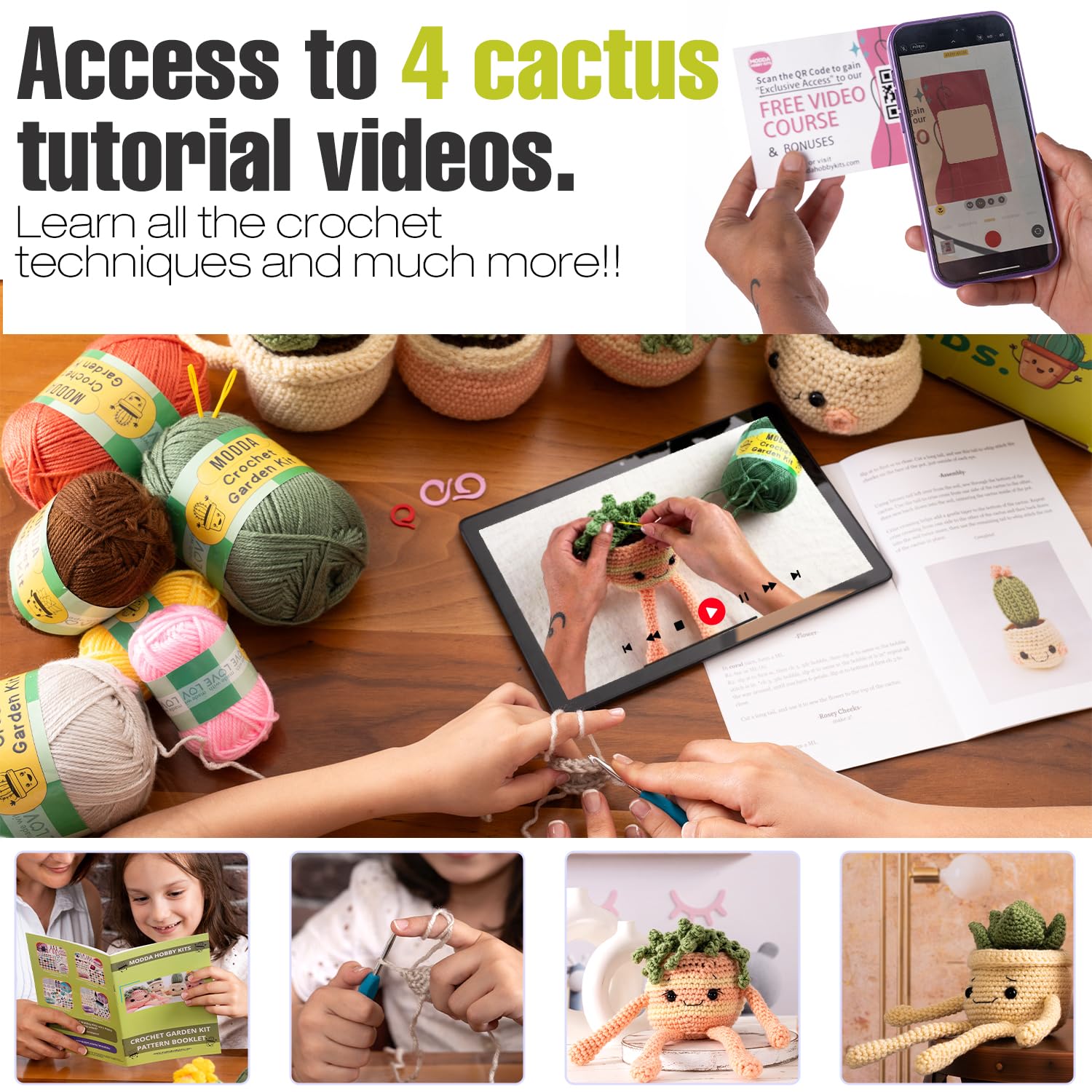 MODDA Crochet Kit for Beginners - Beginner Crochet Starter Kit with Easy-to-Follow Video Tutorials, Learn to Crochet Kits for Adults and Kids, DIY Knitting Supplies, Cactus Kit, 4 Pack Plants Family
