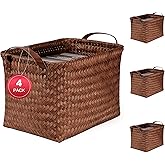 Stylave 15L Laundry Baskets Waterproof Storage Baskets For Shelves Large Laundry Hamper With Leather Handle -set of 4 Cube Organizers Woven Bins for Bathroom,Bedroom,Pantry,Clothes,Car & Towels-Brown