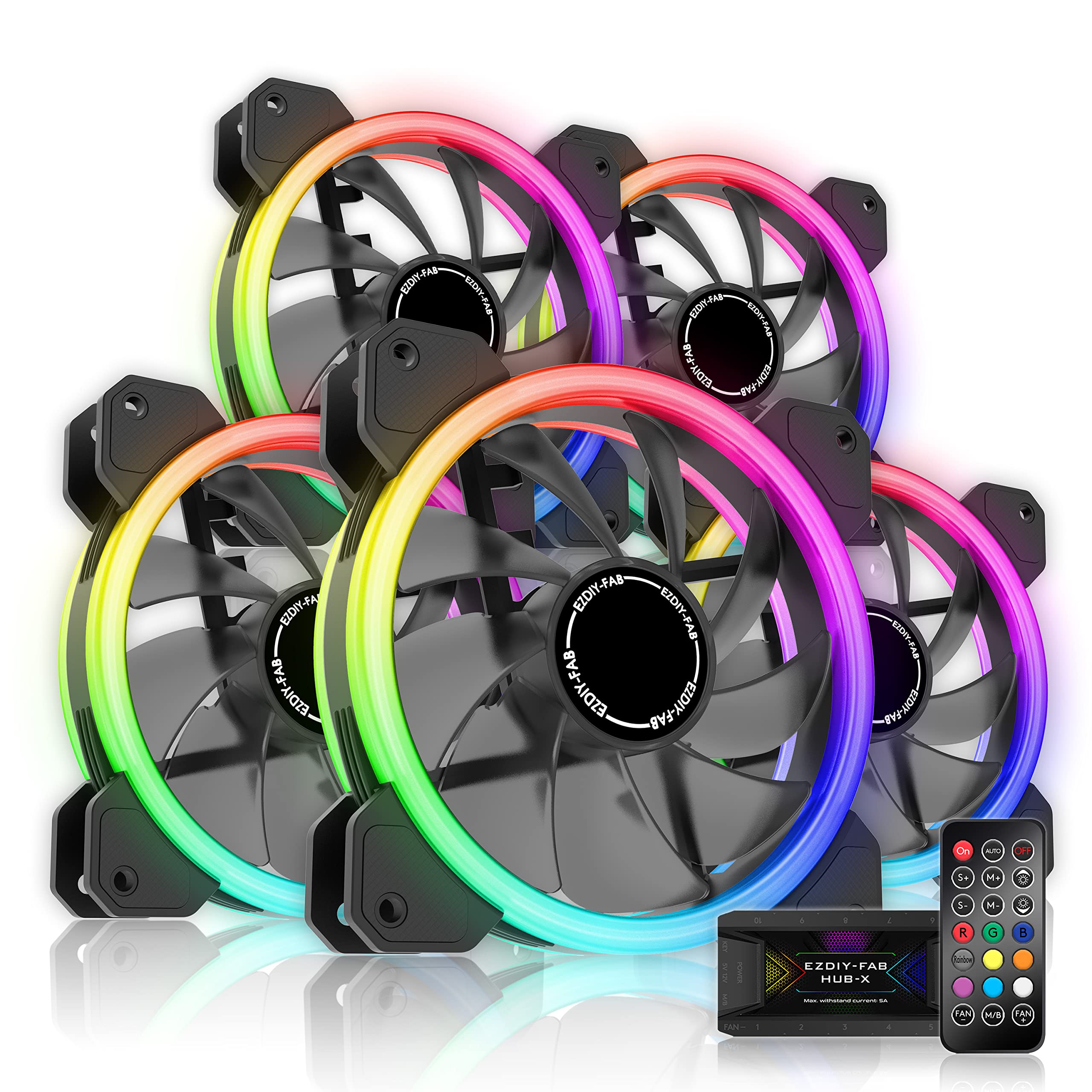 EZDIY-FAB RGB Dual Ring 120mm Case Fans,5V Motherboard Sync,Speed Adjustable,RGB Sync Fan with Fan Hub X and Remote-5 Pack